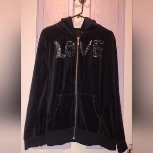 Black Teddy Zip-Up Hoodie Jacket with 'LOVE' Crystal Detail